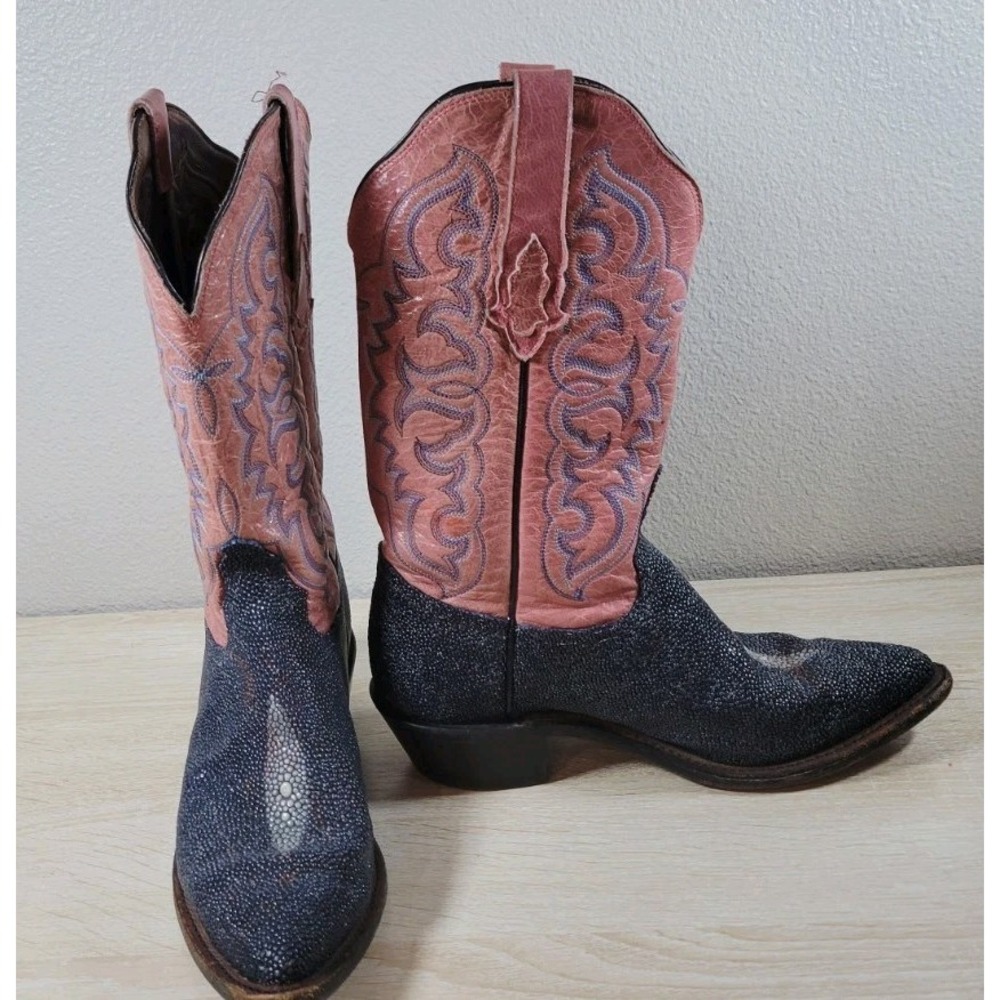 Women's Stingray Leather Western Boots 6.5B Made in USA‎ Blue Pink Cowgirl